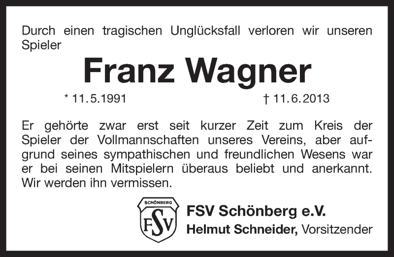  Traueranzeige für Franz Wagner vom 15.06.2013 aus Pegnitz-Zeitung